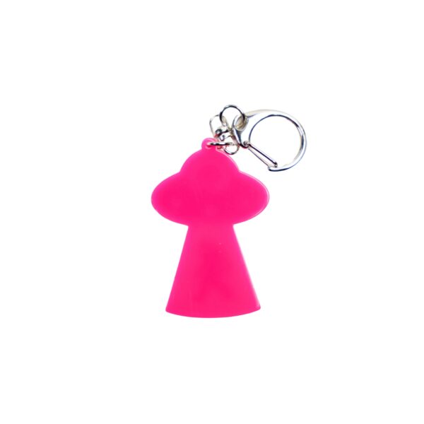 Bigfoot abduction neon pink bag tag with black ship and black backing.