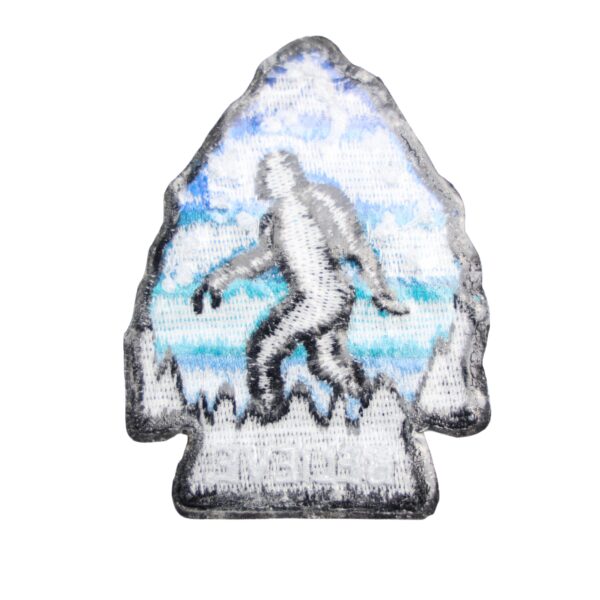 Bigfoot arrowhead believe patch in black, blue, and with a moon.