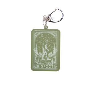 Bigfoot tarot card bag tag in green with trees, moon, and mountains.