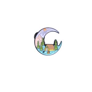 Camping moon enamel pin in purple, blue and green with a cabin.