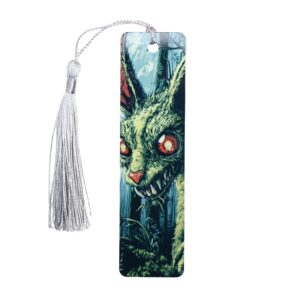 Chupacabra bookmark with bright colors and forest background.