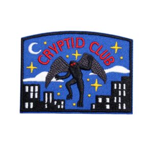 Cryptid club mothman patch with mothman in black and city scene.