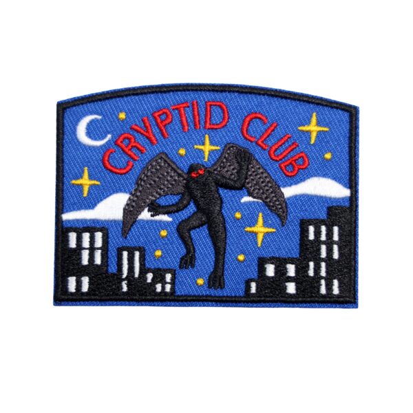 Cryptid club mothman patch with mothman in black and city scene.