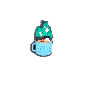 Explore coffee mug shoe charm in blue with trees, tent, and campfire.