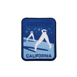 Fresno California night crawler patch with white night crawlers and blue background.