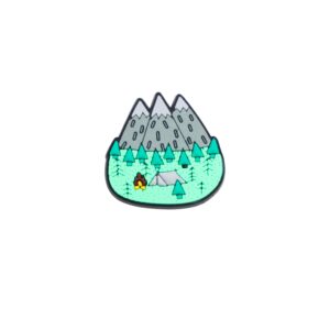 Gray mountain scene shoe charm with gray mountains, tent, campfire, and trees.