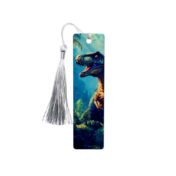 Isla Nublar bookmark with a jungle scene and dinosaur.