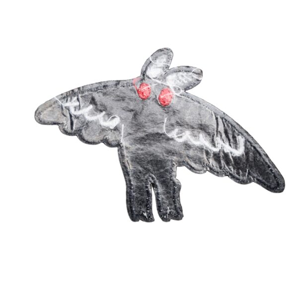 Mothman flight patch in black and white with red eyes.