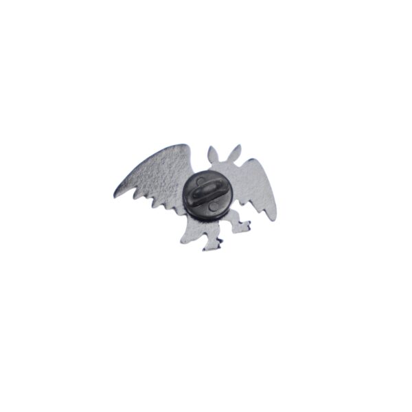 Mothman walking enamel pin with black and white wings and red eyes.