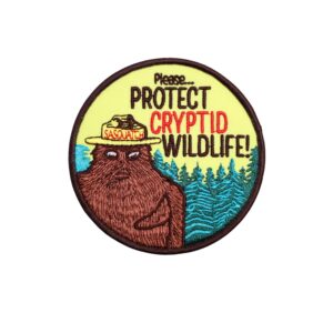 Protect Cryptid Wildlife patch with frog with sasquatch in a hat.