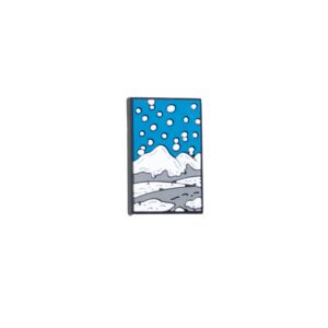 Snow capped mountains shoe charm in gray mountains, white snow, and blue sky.