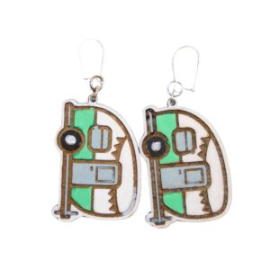 Vintage Camper Green Wood Earrings. These earrings are made with 1/8″ thickness basswood. These earrings are lightweight and hand painted. They are not sealed to keep a rustic look and feel.