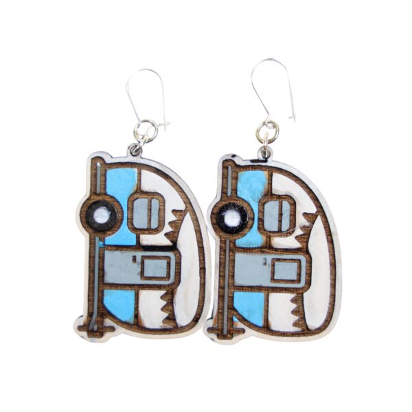 Vintage Camper Light Blue Wood Earrings. These earrings are made with 1/8″ thickness basswood. These earrings are lightweight and hand painted. They are not sealed to keep a rustic look and feel.