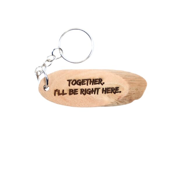 E.T. Driftwood Keychain. “Together. I'll be right here.” front quote and Crescent City, CA filming location of E.T. longitude and latitude “41.7558° N, 124.2026° W” on the back.