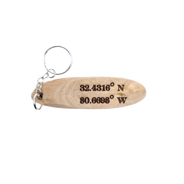 Forrest Gump Driftwood Keychain. “That's all I have to say about that.” front quote and Beaufort, South Carolina filming location of Forrest Gump longitude and latitude “32.4316° N, 80.6698° W” on the back.