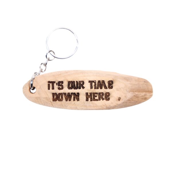 Goonies Driftwood Keychain. “It's our time down here.” front quote and Haystack Rock, OR filming location of Goonies longitude and latitude “45.8841° N, 123.9685° W” on the back.