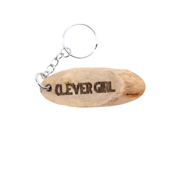 Jurassic Park Driftwood Keychain. “Clever girl.” front quote and Manawaiopuna Falls, Hawaii filming location of Jurassic Park longitude and latitude “21.9914° N, 159.5286° W” on the back. 