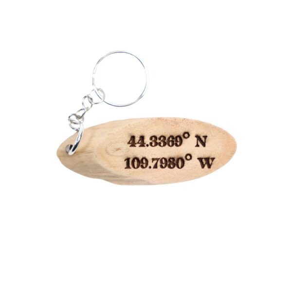 Togo Driftwood Keychain. “They tend to get under your skin.” front quote and Fortress Mountain, Alberta filming location of Togo longitude and latitude “44.3369° N, 109.7980° W” on the back.